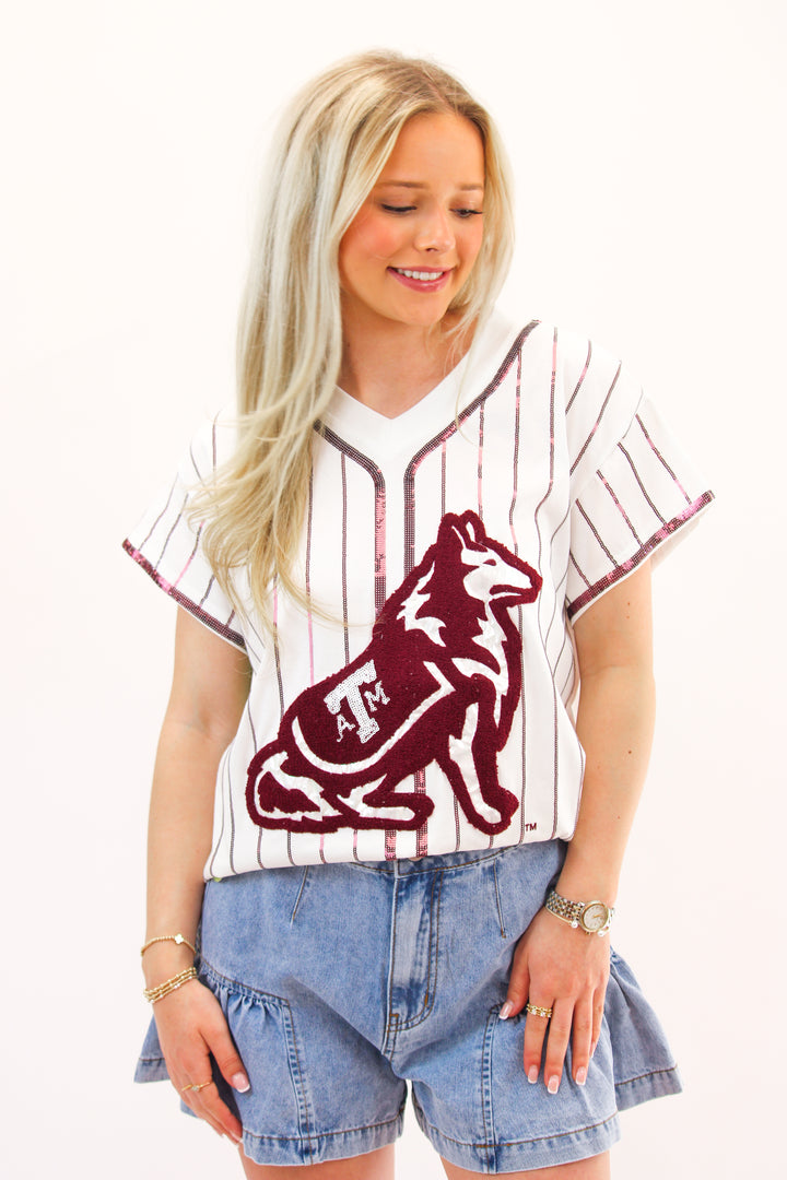 White & Maroon Stripe Collie Dog Tee