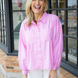 Pocketful of Pink Button Up Top, Pink/ White Stripe