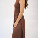 Sleeveless Mock Neck Mixed Dress, Redwood Brown