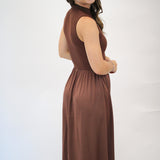 Sleeveless Mock Neck Mixed Dress, Redwood Brown