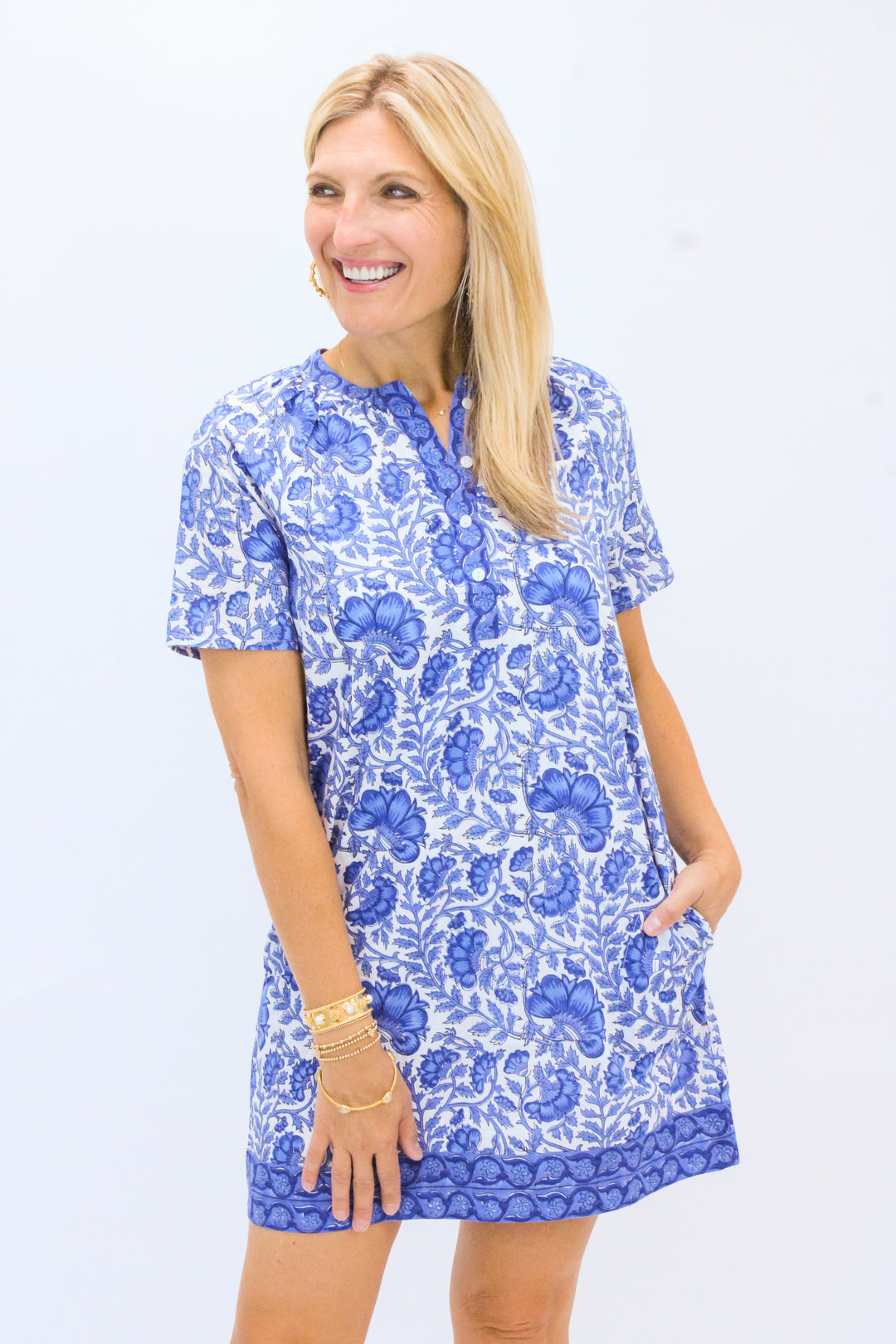 Hollis Dress, Sapphire Garden White