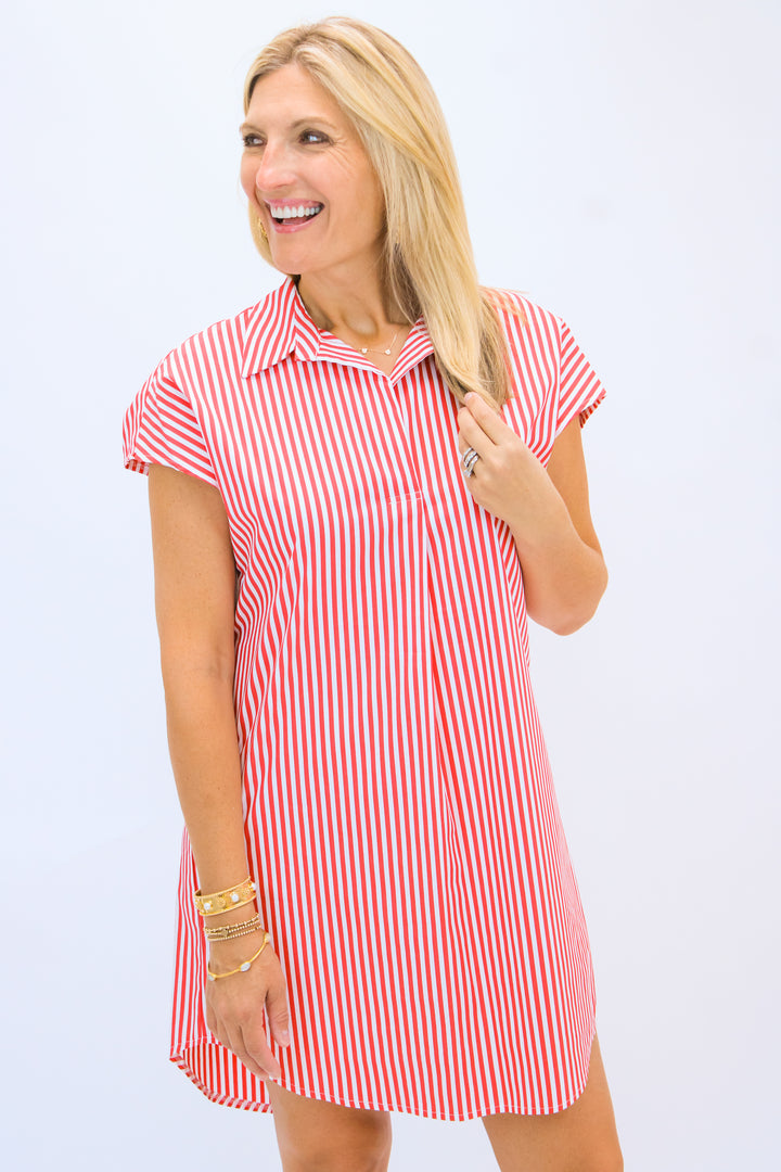 Carter Cotton Shirting Dress, Stripe Red