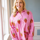 Gingham Beaded Strawberry Button Up Cotton Long Sleeve Top, Red & White