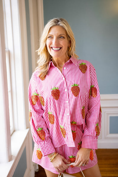Gingham Beaded Strawberry Button Up Cotton Long Sleeve Top, Red & White