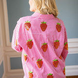 Gingham Beaded Strawberry Button Up Cotton Long Sleeve Top, Red & White