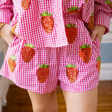 Gingham Beaded Strawberry Short, Red & White