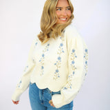 Meadow Bloom Scalloped Sweater, Cream