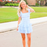 Fellows Cotton Floral Ruffle Mini Dress, Coastline Blue