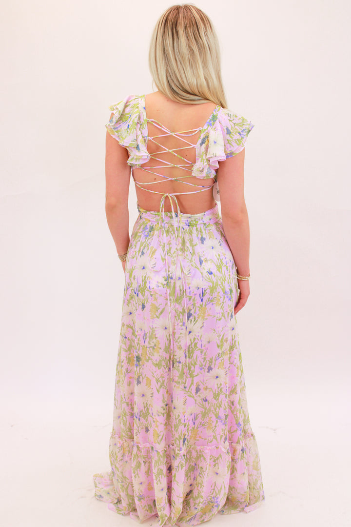 Primrose Floral Strappy Back Maxi Dress, Lavender Multi Floral
