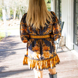 Black Majestic Garden Beaded Buckle Long Sleeve Mini Dress