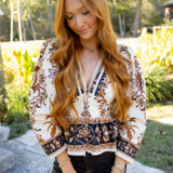Sand Majestic Garden Lace Puff Sleeve Organic Cotton Blouse