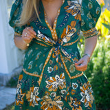 Ayla Short Puff Sleeve Organic Cotton Mini Dress, Green