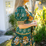 Ayla Short Puff Sleeve Organic Cotton Mini Dress, Green