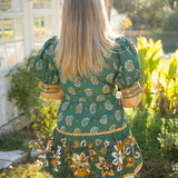 Ayla Short Puff Sleeve Organic Cotton Mini Dress, Green