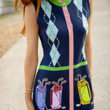 Golf Bag Button Up Tank Knit Dress, Navy Argyle Multi