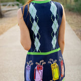 Golf Bag Button Up Tank Knit Dress, Navy Argyle Multi