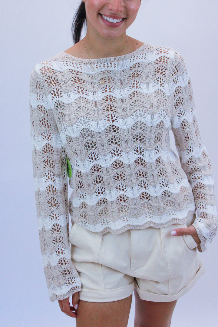 Azura Stripe Crochet Sweater, Panna Cotta