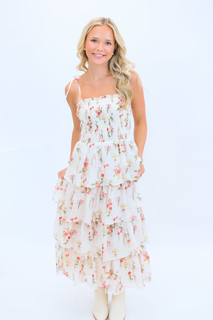 Olive Tiered Dress, Ivory Floral