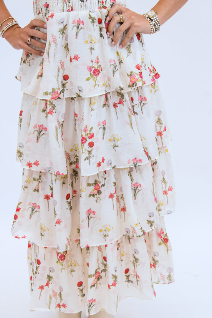 Olive Tiered Dress, Ivory Floral