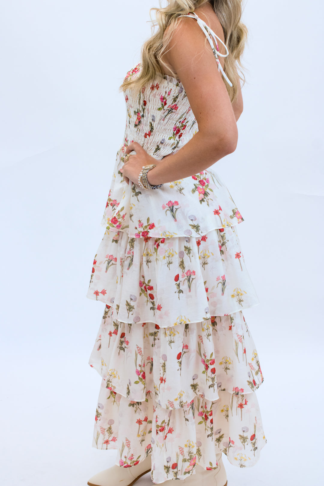 Olive Tiered Dress, Ivory Floral