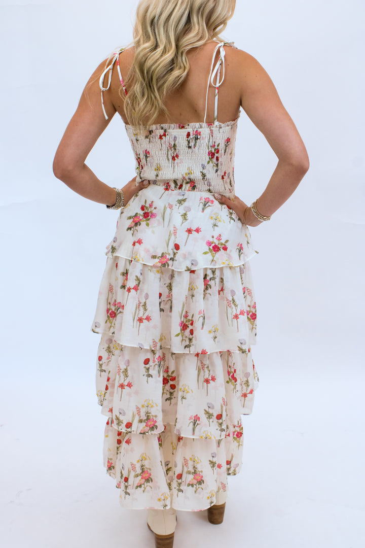 Olive Tiered Dress, Ivory Floral