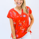 Easy Paneled V-Neck Tee, Racing Red