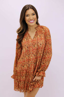 Falling Back To You Printed Mini Dress, Rust