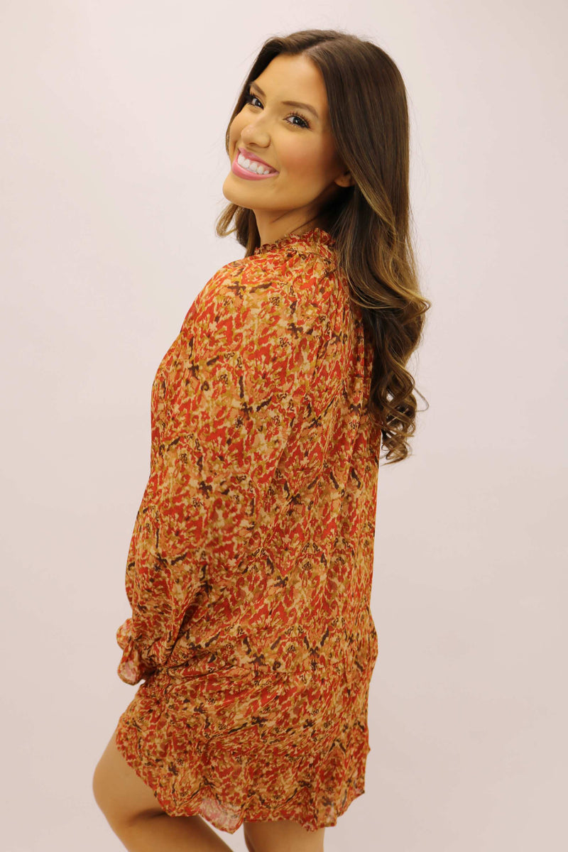 Falling Back To You Printed Mini Dress, Rust