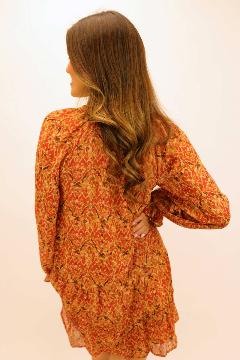 Falling Back To You Printed Mini Dress, Rust