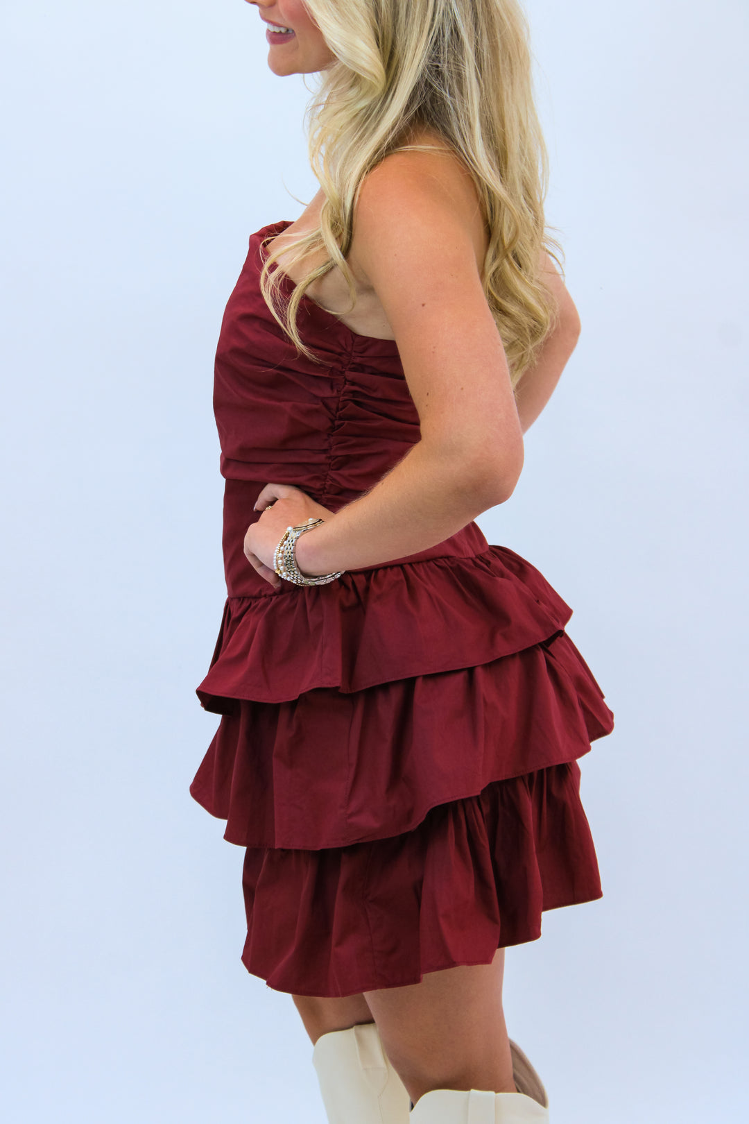 Ruche Hour Mini Dress, Maroon