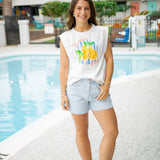 Vacation Club Embroidered Top, White Yellow