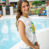 Vacation Club Embroidered Top, White Yellow