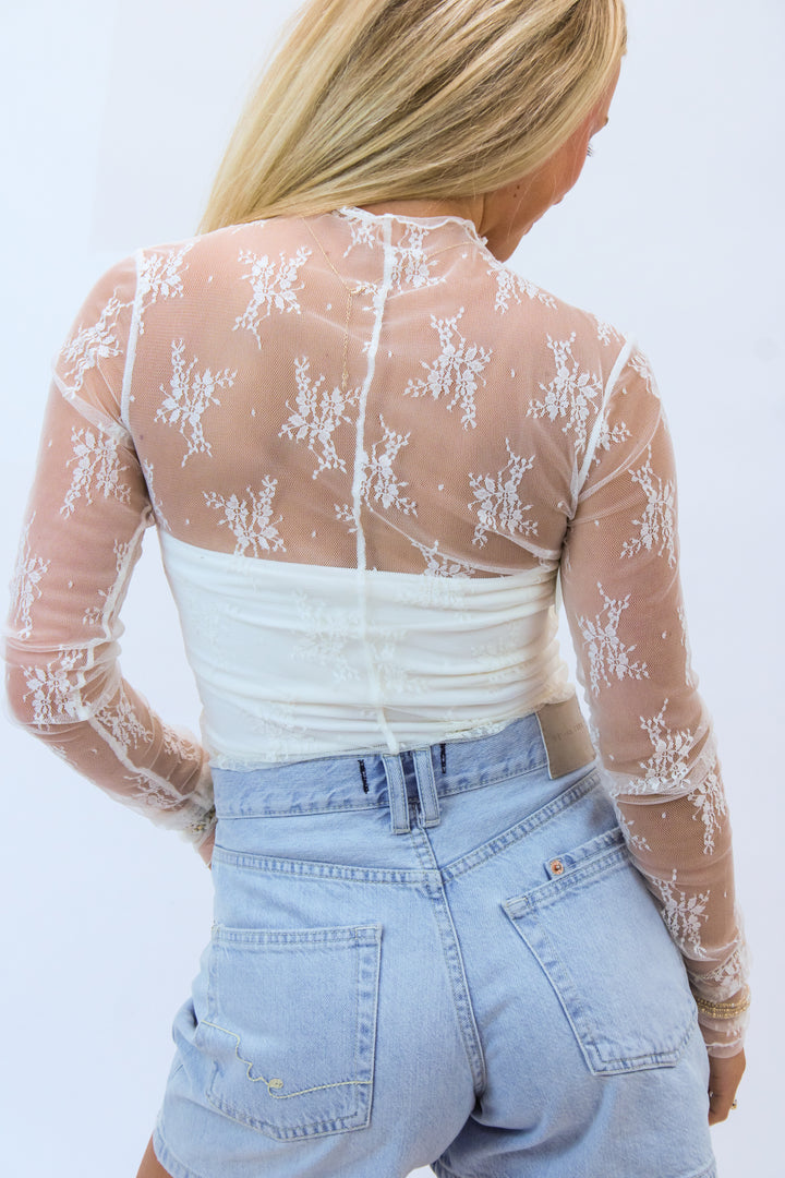 Gametime Lace Mockneck Top, Cream