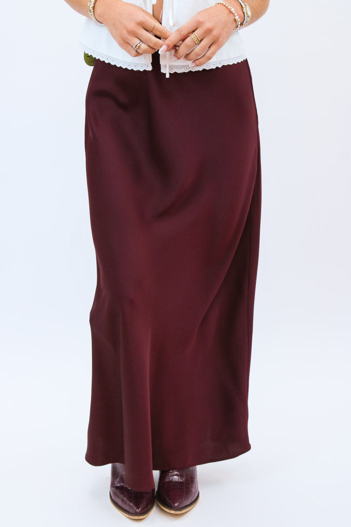 Rush The Field Satin Midi Skirt, Maroon