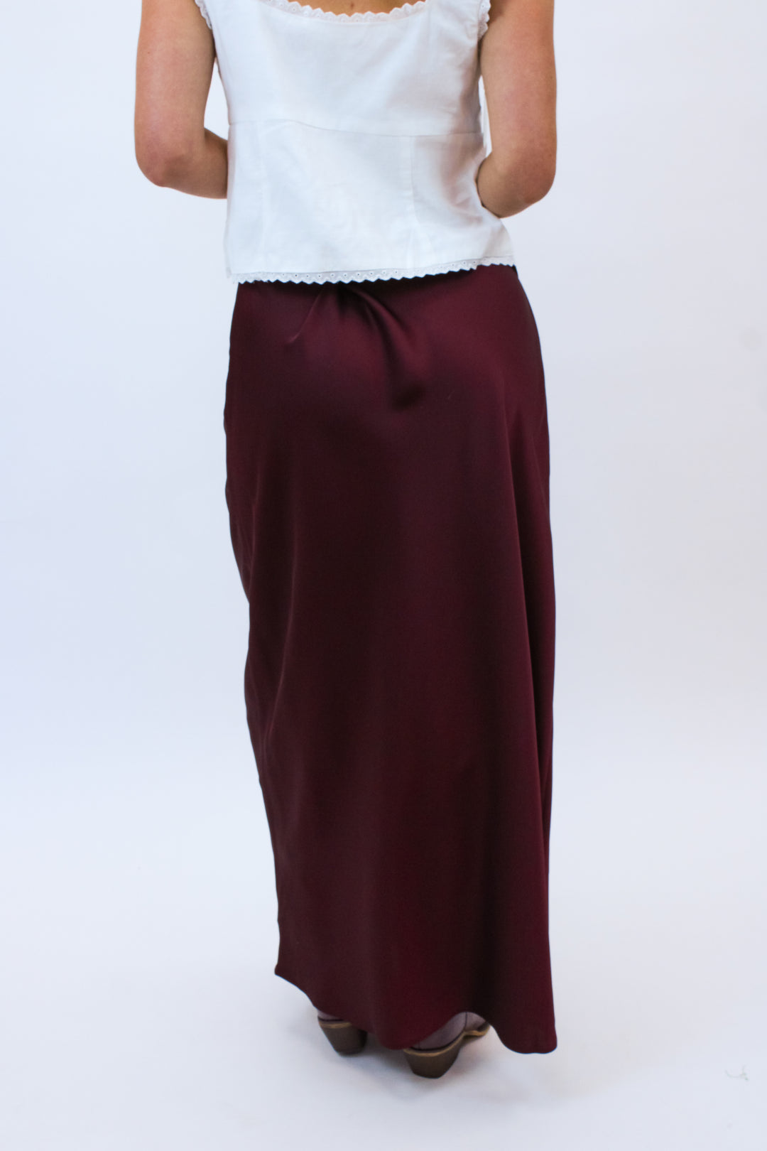 Rush The Field Satin Midi Skirt, Maroon