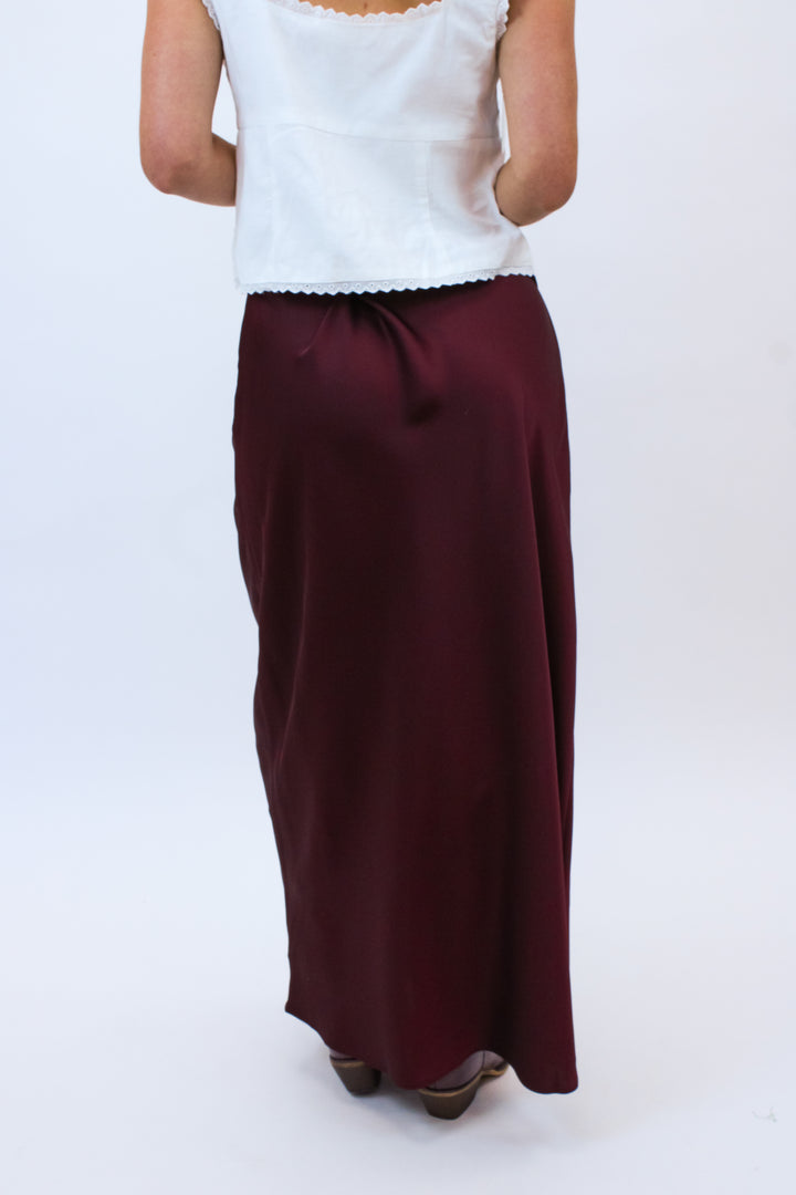 Rush The Field Satin Midi Skirt, Maroon