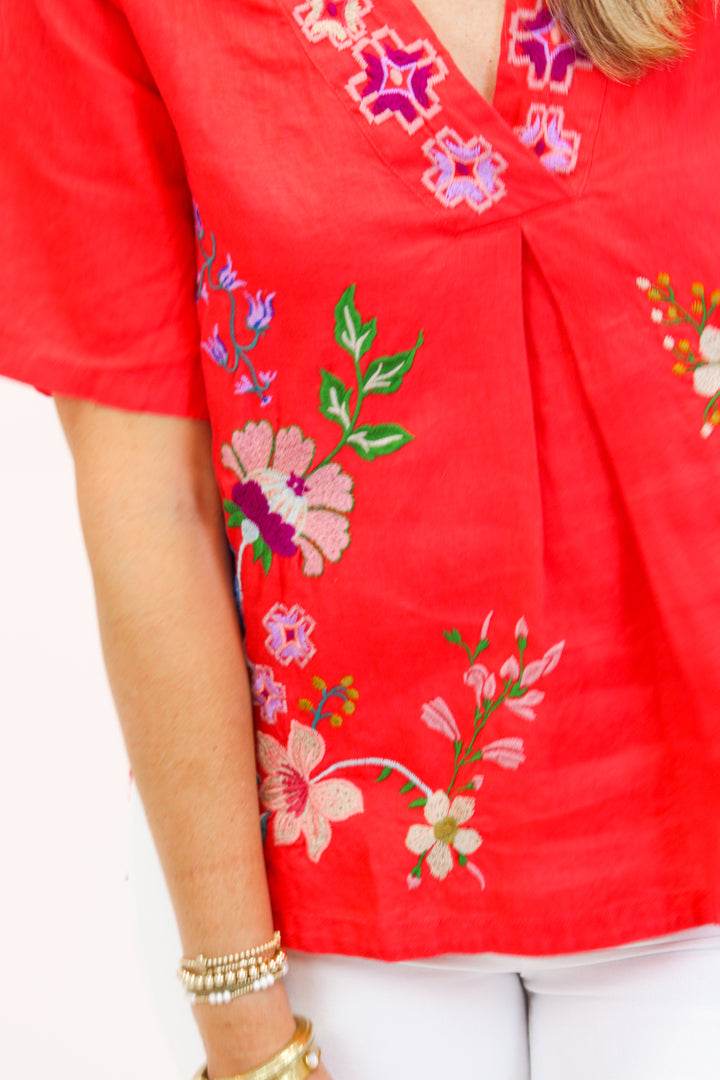 Maureen Linen V Neck Blouse, Watermelon