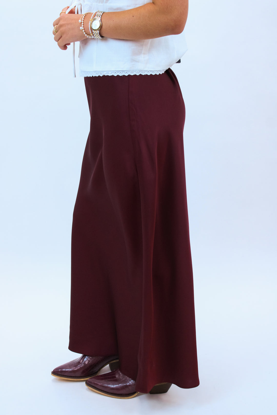 Rush The Field Satin Midi Skirt, Maroon