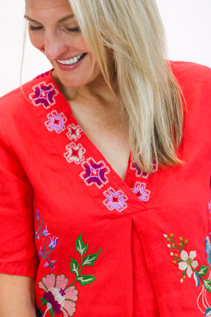 Maureen Linen V Neck Blouse, Watermelon