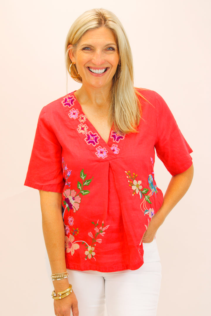 Maureen Linen V Neck Blouse, Watermelon