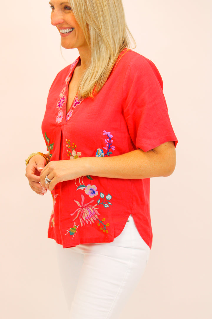 Maureen Linen V Neck Blouse, Watermelon