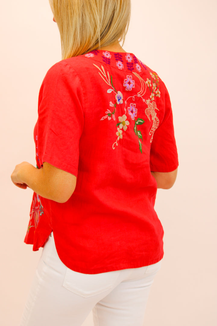 Maureen Linen V Neck Blouse, Watermelon