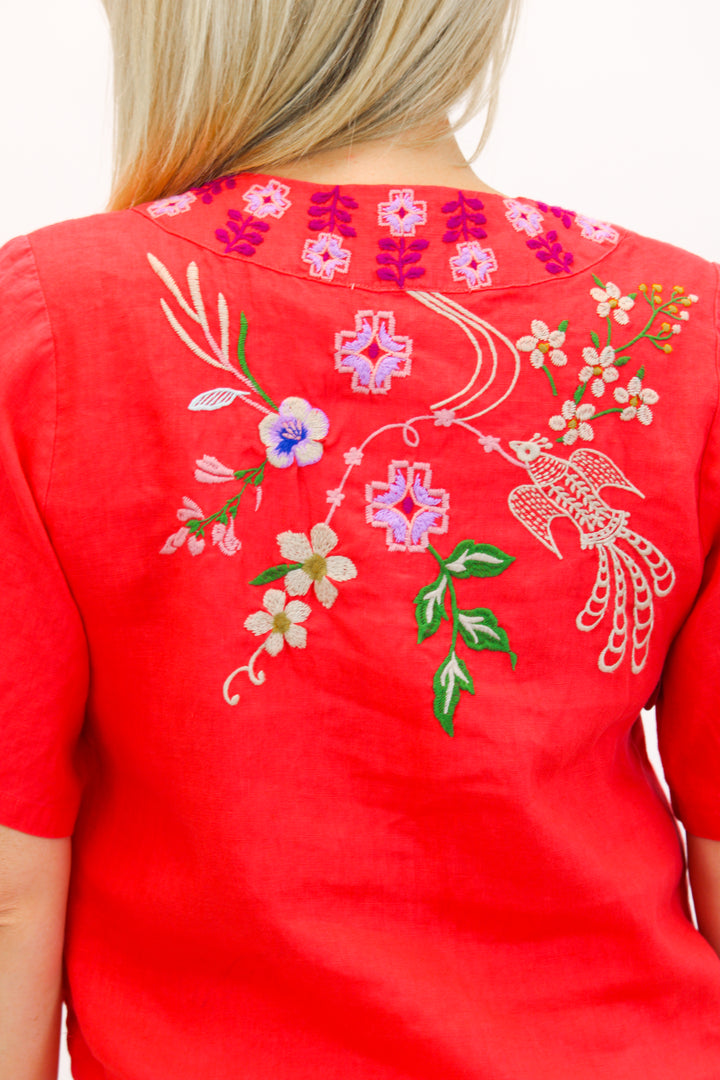 Maureen Linen V Neck Blouse, Watermelon