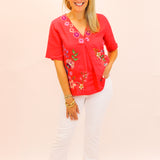 Maureen Linen V Neck Blouse, Watermelon