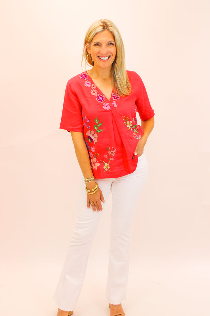Maureen Linen V Neck Blouse, Watermelon