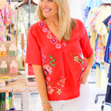 Maureen Linen V Neck Blouse, Watermelon