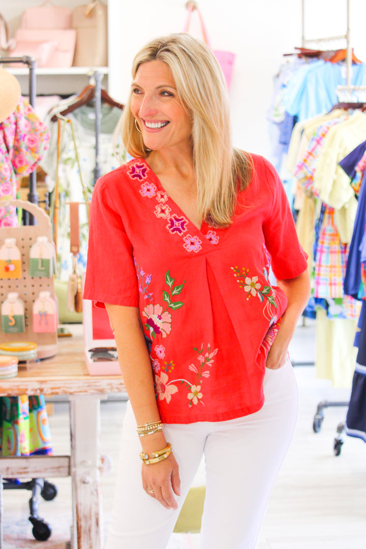Maureen Linen V Neck Blouse, Watermelon