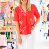 Maureen Linen V Neck Blouse, Watermelon