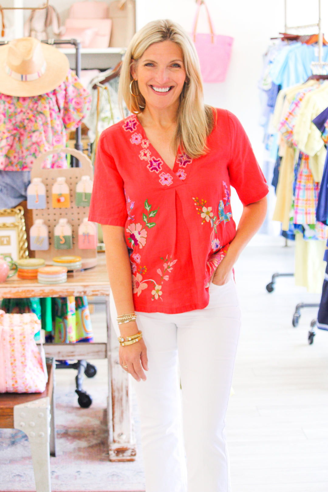 Maureen Linen V Neck Blouse, Watermelon