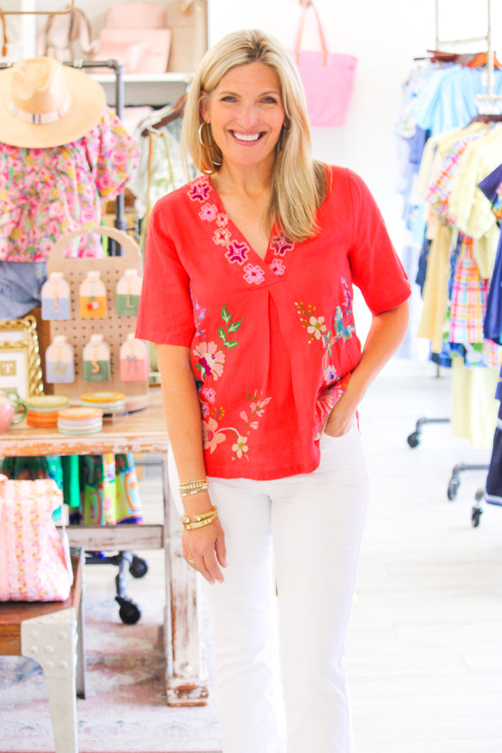 Maureen Linen V Neck Blouse, Watermelon